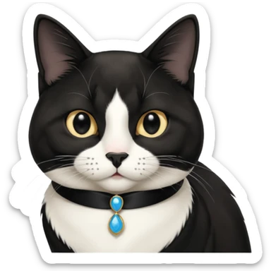 A tuxedo cat, top half body, a black mark near his mouth under the nose sticker