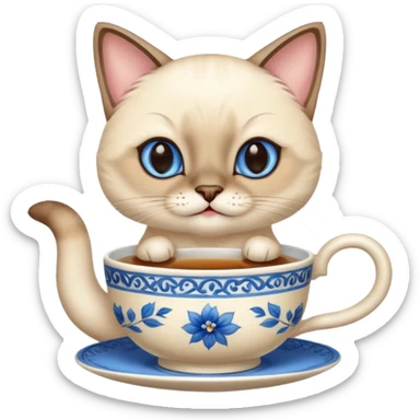Happy siamese cat enjoying a fancy cup of tea in its front two paws sticker