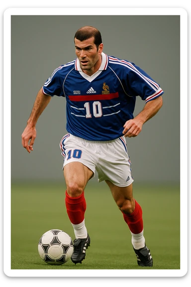 Zinedine Zidane in his prime, 1998 World Cup, blue France jersey with number 10, athletic build, focused expression, dynamic football action, simple background sticker