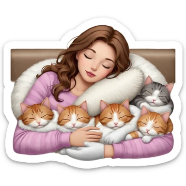 girl with long wavy brown hair, brown eyes, long lashes makeup, sexy pink lips, light to medium complexion,  sleeping on a cozy pillow, with 6 cats: 1 brown and white tabby cat, 1 ginger and white, 2 grey and white, 1 grey with white mittens and small white patch on chest and 1 calico, sleeping sticker