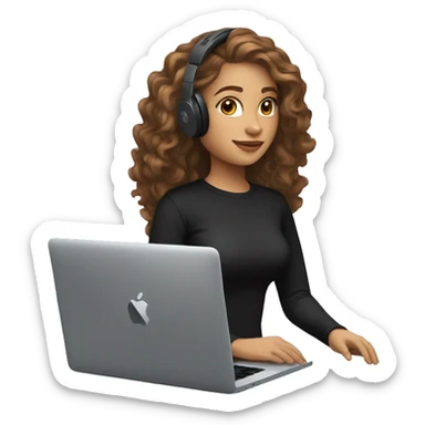 women with light skin and long brown wavy hair developing on a macbook with headset on, wearing a black t-shirt sticker