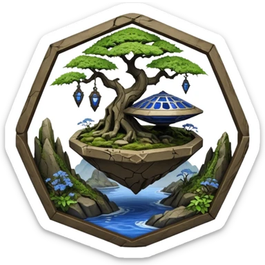 Alien spacecraft hanging-jungle vines mountain-island landscape mudman very old broken cracked intricate Stone Age rocky-crusted irregular dodecagon-shaped shallow dark moss rough bark blue willow flowered maple tree bonsai pot sticker