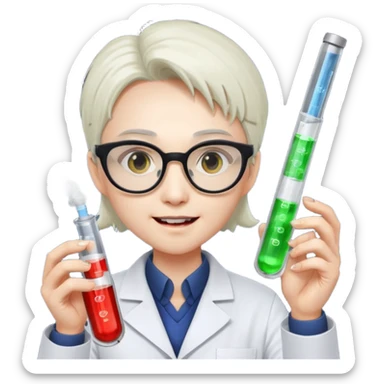 Dr. Lunar Fang – scientist vampire adjusting square lab glasses, holding a glowing test tube of “Type O” fuel sticker