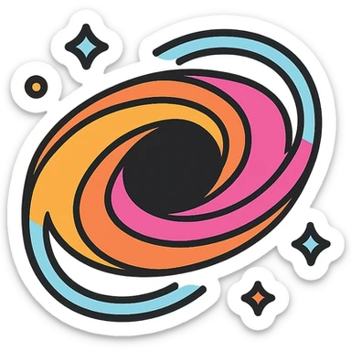 stylized icon of black hole with swirling accretion disk and visible gravitational lensing, minimalistic and bold sticker