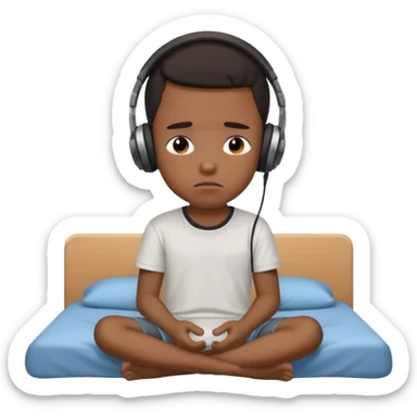 Sad black kid with headphones on sitting on a bed sticker