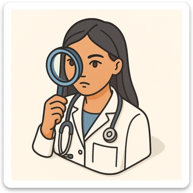 front view of a female doctor with dark long straight hair, detailed brown eyes (not dots), wearing a white coat, looking straight at the camera through a magnifying glass, thoughtful facial expression, minimalist background, 2D isometric style sticker