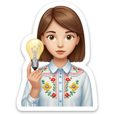A Ukrainian girl with brown hair in an embroidered shirt holds a light bulb sticker