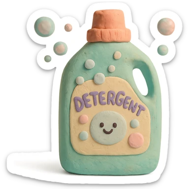 detergent bottle in claymation style with bubbles and a playful label, pastel palette sticker