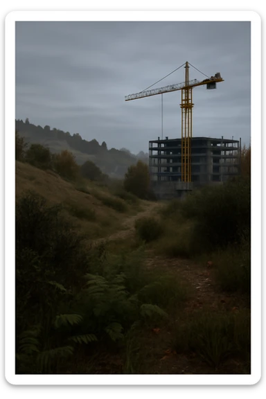  a scene amongst hills and bushes in the game DAYZ with a construction site and tall yellow crane in the background, screenshot, overcast day sticker