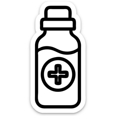 minimal black and white logo for 'Refill Wellness', stylized water bottle with plus sign or wellness symbol, clean lines, sense of replenishment, modern sticker