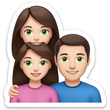 pink polaroid photo of a couple thats white with long brunette hair blue eyes and a white guy with short brunette hair and green eyes sticker