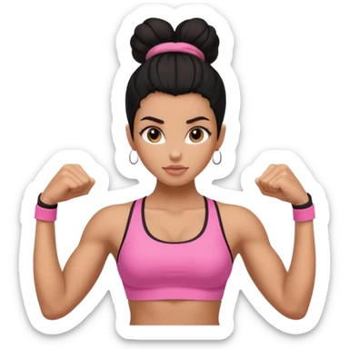Caramel skinned toned female with a black bun for hair. Her eyes are a coffee color brown and almond shaped. She’s wearing a pink sports bra and showing off her flexed muscular toned biceps. She’s not holding anything in her hands sticker