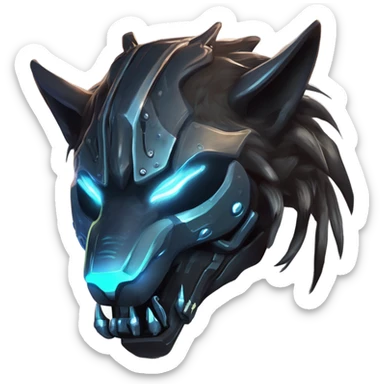 Warframe-inspired wolf Warframe with sleek biomechanical armor, a snarling wolf-like helmet, glowing eyes, and clawed gauntlets. Dark metallic colors with glowing energy lines, blending feral agility and deadly stealth. sticker