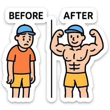 in the picture is devided in to two parts, at the first the sportsman is weak and lazy, but at the second picture the same sportsman is very strong because he doing a workout regularly. There is no line between the picture, at the first picture the is a word before, in the second picture there is a word after sticker