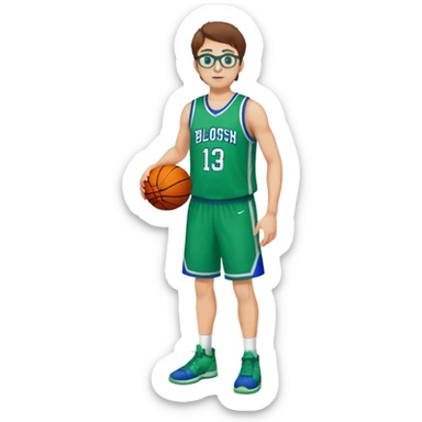 full body  white male basketball player  with brown hair wearing glasses in blue an green uniform sticker