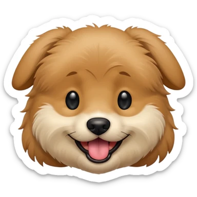 Dog face only, light brown fluffy dog, darker ears, small black nose, happy smiling with tongue out, simple emoji icon. sticker