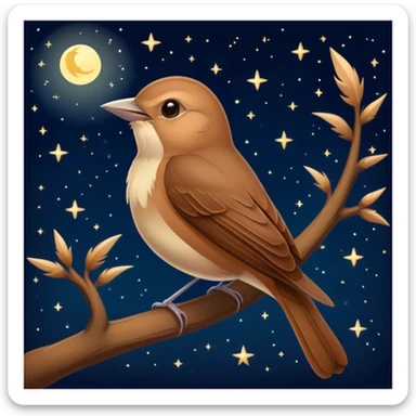 nightingale bird singing, small brown songbird against starry sky sticker