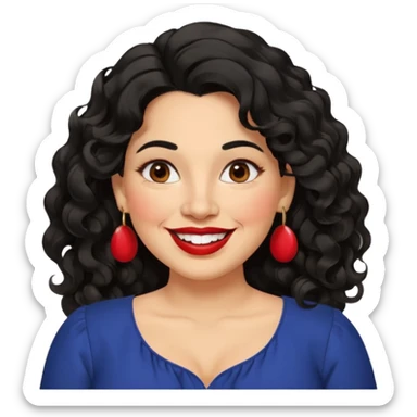 40 yr old Mexican woman, slightly chubby, wavy/curly long black hair, red lipstick, big smile, white teeth, brown eyes, hoop earings, side part to hair, round face, nice blouse, no wrinkle hair side swept, big hoop earing sticker