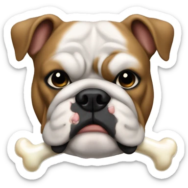 an bulldog, who has a bone in his mouth, he all black his coulour, he look cute sticker