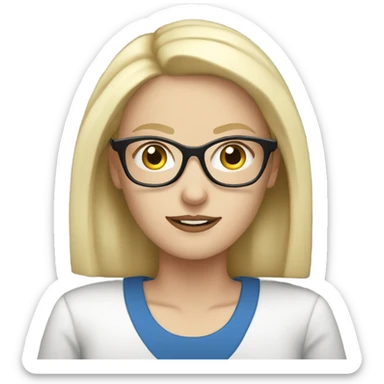 blonde pale white woman with blue eyes and glasses working on laptop sticker