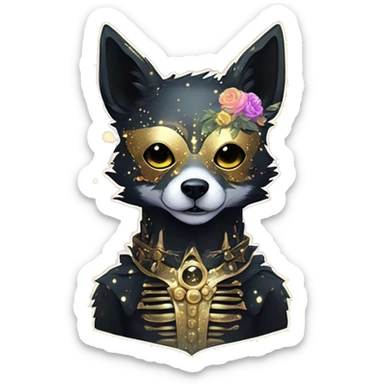 Sparkling Black iridescent dog fox zombie skeleton gold mechanical nebula galaxy stars flowers fairy lights vintage sticker