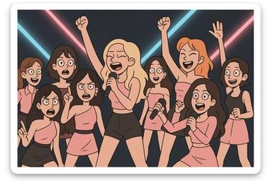 Twice concert scene, dynamic, neon lights, energetic, cartoon style sticker