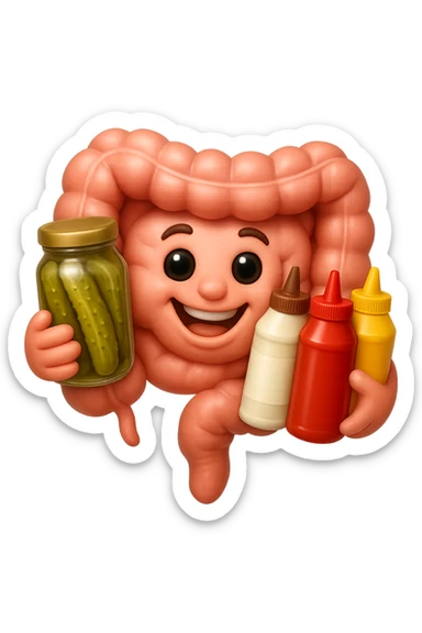 emoji stile iphone di intestino umano con espressione felice mentre tiene in mano cetriolini sottaceto, maionese, salsa barbecue, salsa, senape realistica
IPERREALISTICO 4K sticker