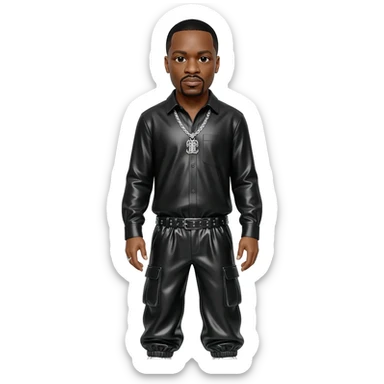 Dr Dre with black hair, black metallic shirt, black metallic baggy pants, silver necklace sticker