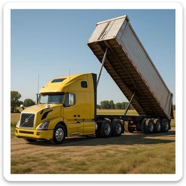 highly photorealistic Volvo yellow semi sleeper truck with a long silver end dump trailer in the raised dump position, parked in a rural country setting with fields and trees, bright daytime lighting, clear sky, truck facing to the left sticker