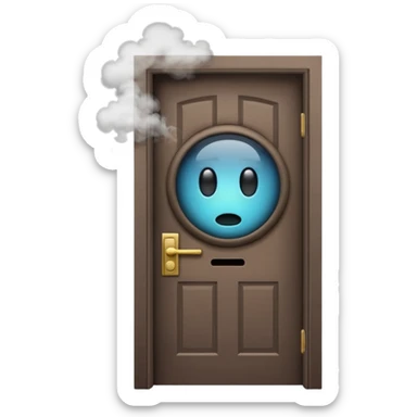 Minimalist emoji-style sticker of a half-open door, with smoke and a single glowing eye visible in the dark inside. Flat design, desaturated colors.
 sticker