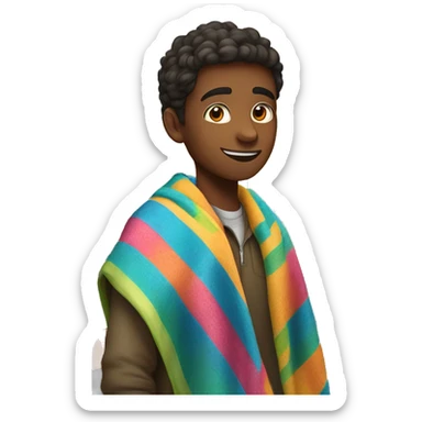 student at school with a colorful blanket wrapped around shoulders standing by locker sticker