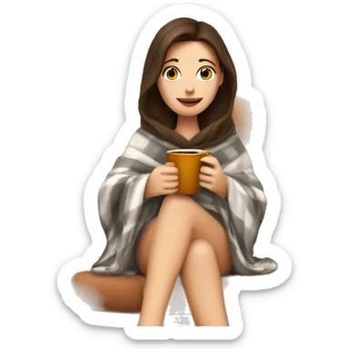 Brunette white girl covered in blanket autumn vibe sitting on a cozy chair holding coffee,  sticker