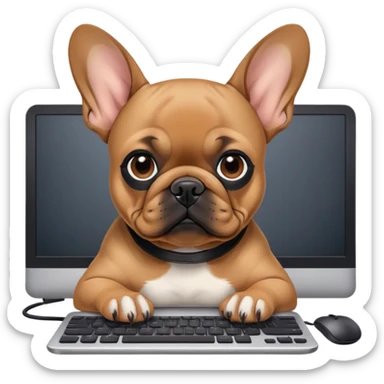 Fawn Frenchie with black muzzle working behind computer sticker