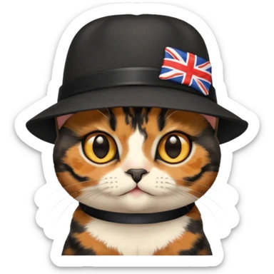 Cute mostly black tortoiseshell kitten wearing a british hat, golden eyes sticker