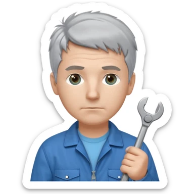 Calm and independent male technician, fair skin, short tousled grey hair, cool light-blue eyes, serious but composed expression, wearing a blue work jacket over a grey t-shirt, holding a wrench in one hand and a mechanical gear in the other, waist-up, front-facing sticker
