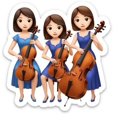 Create an imagine of three brunette women playing string instruments, the first is playing a cello, the second is playing a viola and the third is playing the violin sticker