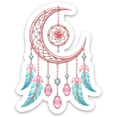 Rosy shiny glossy sparkly romantic pastel crescent damask moon with rose quartz pastel vines pastel gems pastel beads with feathers and chains  suncatcher-dreamcatcher sticker