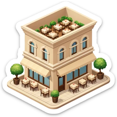 beige romantic restaurant, isometric exterior view sticker