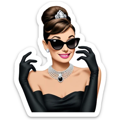 A single emoji of cute, smiling Audrey Hepburn from Breakfast at Tiffany’s wearing black dress, black gloves, black sunglasses, sliver necklace, and light pink lipstick  sticker