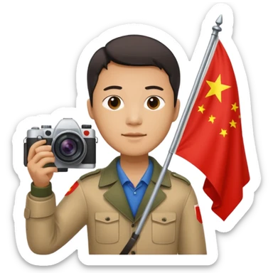 A Chinese man with a Chinese flag and a camera sticker
