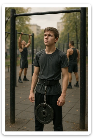 Giovane atleta neofita, fisico normale e non ancora sviluppato, si allena per la prima volta in uno spazio urbano per streetlifting: sbarra per trazioni, parallele, e pesi appesi alla cintura. L’ambiente è un parco cittadino o un’area outdoor sportiva, con luce naturale. L’atleta guarda la sbarra con determinazione e un po’ di insicurezza, ma con forte motivazione. Intorno, altri atleti più esperti. Stile realistico, atmosfera motivazionale, toni energici ma credibili, senso di inizio di un percorso sticker