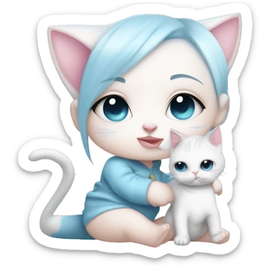CHIBI WHITE SKIN CAT BABY BLUE AND BABY PINK SHOR HAIR GIRL WITH ONE EYE BLUE AND THE OTHER WHITE. ALSO SHE IS SIPPING A CUP sticker