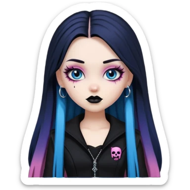 goth bratz baddie, beautiful blue eyes, gothic black makeup, long straight black-pink hair, black gothic hair styled, black goth clothes sticker