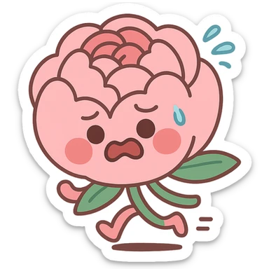 round chibi pastel pink peony flower with blushing cheeks and a panicked expression, rushing with tiny legs, pastel toon style sticker