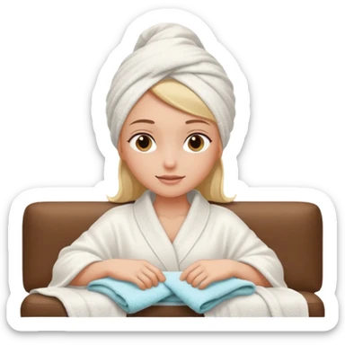 spa A contented and relaxed girl with a towel on her head in a white robe lies on a couch sticker