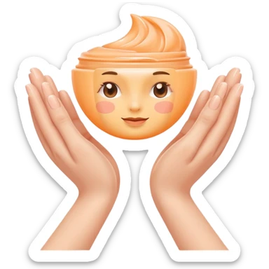 Minimal emoji of 2 hands gently applying skincare cream, soft nude and peach tones, clean beauty aesthetic, calm and elegant, subtle glow sticker
