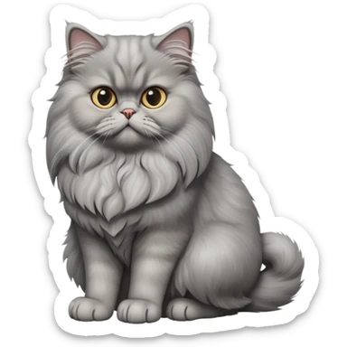 cinematic-[grey persian cat]-realistic-full-body-sitting-emoji,-tail-curled-playfully-around-its-paws,-head-tilted-dramatically,-fluffy-[grey]-fur,-simplified-yet-realistic-focused-features,-highly-detailed,-glowing-with-an-almost-sarcastic-glow sticker