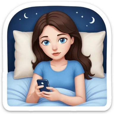 Brunett white girl with blue eyes, laying In bed at night , using her iPhone sticker