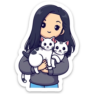 Beautiful girl with long black hair holding a hairless cat sticker