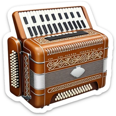 Cinematic Realistic image of a classic accordion, rendered with finely detailed textures and intricate keywork, set against a backdrop of soft, ambient lighting that highlights its vintage charm sticker